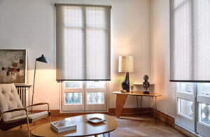 Window shades in a mid-century modern lounge include Roller Shades made of Tea Leaves in Brown for an organic pattern