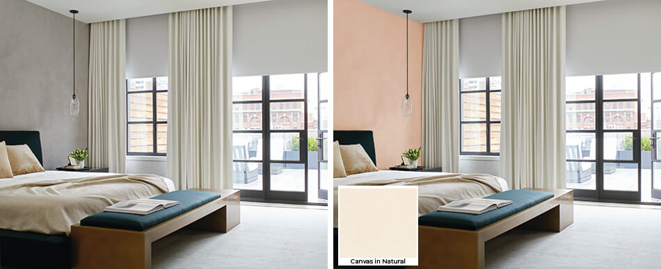 A bedroom with ivory Roller Shades & Ripple Fold Drapery is shown before & after painting Peach Fuzz on an accent wall