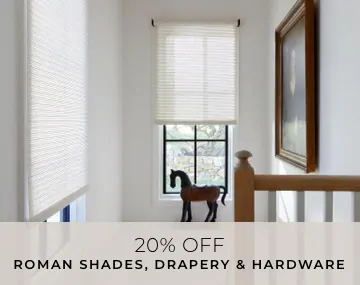 Roller Shades made of Mesa Verde cover windows over stairs with a railing and horse statue with overlaid sales messaging
