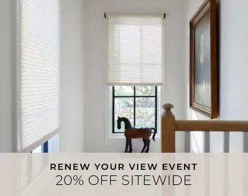 Roller Shades made of Mesa Verde cover stairwell windows with overlaid sales messaging for 20% off sitewide