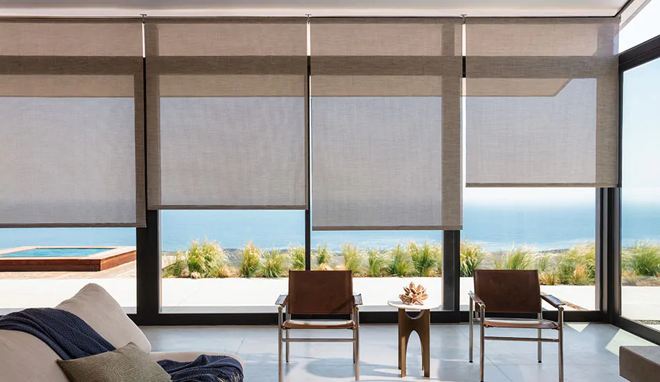 Roller Shades made of Naomi in Honey are used as sunroom window treatments with tall windows looking out on a beach