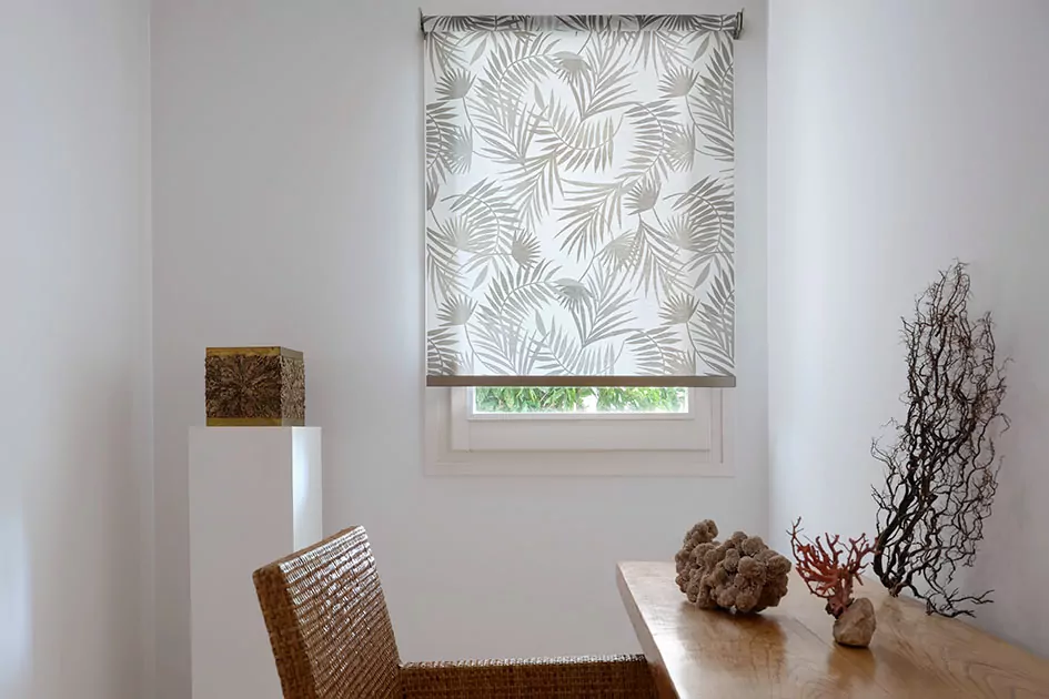 An office features single window with a roller shade with a leafy palm pattern which is one of the types of window shades