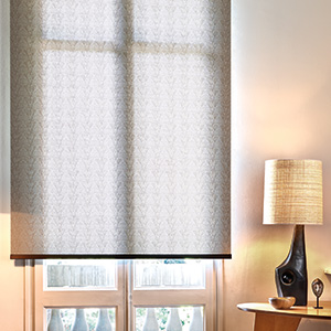 Types of blinds include Roller blinds made of Tea Leaves in Brown over French doors in a lounge with an eclectic lamp