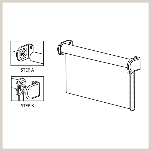 An illustration shows how to attach each side of the tube of a Roller Shade to its fastened brackets