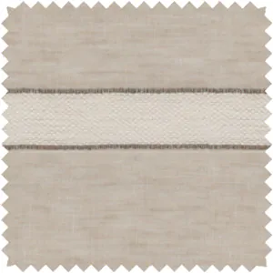 A swatch of Harbor Stripe in Sand for Roman Shades and Drapery shows a light tan color with a bold east-west stripe