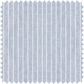 A swatch of Windsor Stripe in Vista shows a light blue and white pinstripe design for striped Roman Shades