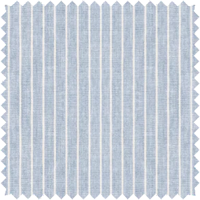A swatch of Windsor Stripe in Vista shows a light blue and white pinstripe design for striped Roman Shades