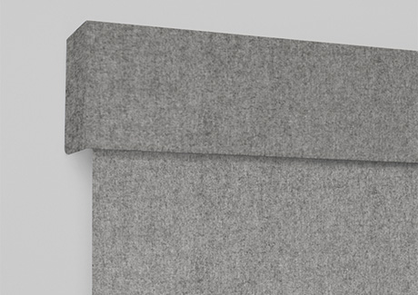 A product image of an upholstered valance for Roman Shades shows a sturdy structure with woven material