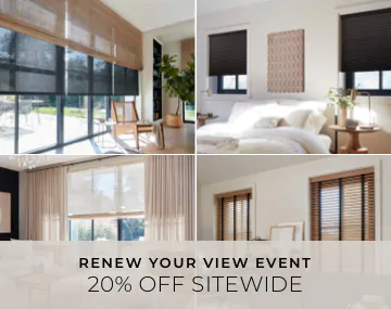 Four images show shades, blinds and drapery in multiple rooms with overlaid sales messaging for 20% off sitewide