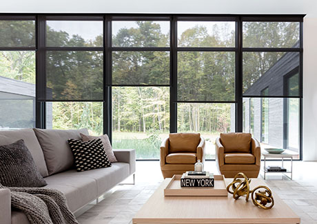 Window coverings in a modern living room include Solar Shades made of 10 percent Black for a clear view to the outdoors