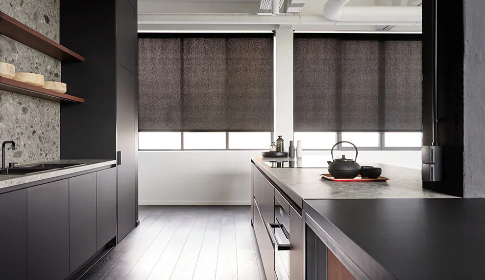 A dark, modern kitchen has minimalist window treatments made of Solar Shades in 3 percent Smart Solar material in Onyx