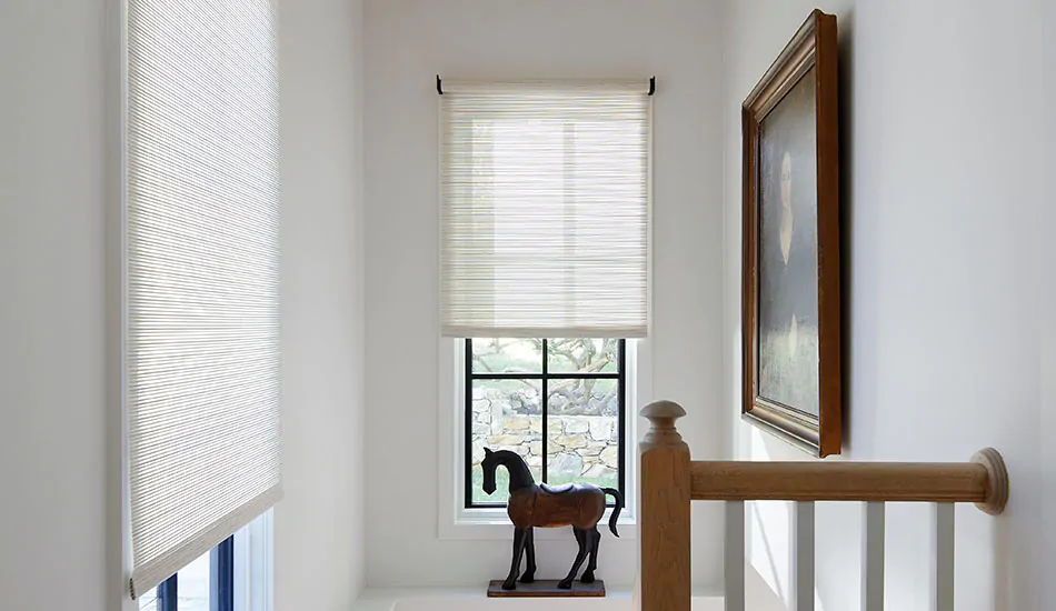 A stairwell with light filtering Roller Shades of Mesa Verde, Sand, show the difference between Solar Shades vs Roller Shades