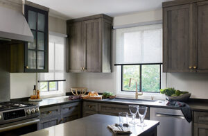 Window shades in a modern grey kitchen include Solar Shades made of Sunbrella 3% Solistico in Ash to soften the light
