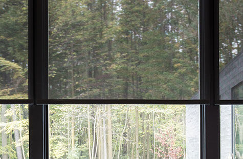 A close-up of solar shades for windows in a darker tint adorning the walls of a living room that receives a lot of light