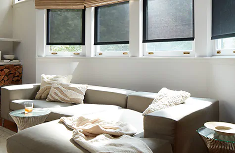 Solar Shades with 3 percent openness in Black are used in place of blinds for bay windows in a basement family room