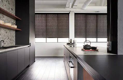 Solar Shades made of 3% Smart Solar in Onyx complements a kitchen with a dark color scheme of black, stainless steel and wood