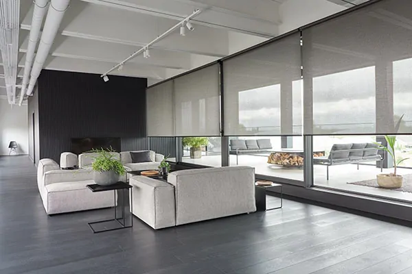 Solar Shades made of 5% Metallic in Zinc provide a minimalist window treatment for large sliding glass doors