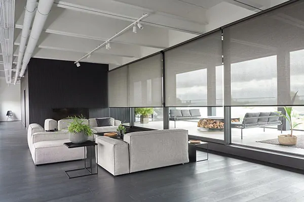 Transitional window treatments in a cool monochrome gray living room include Solar shades made of 5% Metallic in Zinc