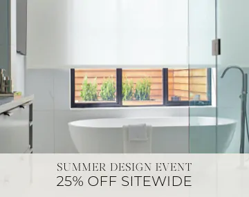 Solar Shades hang in a white bathroom with a freestanding tub with overlaid sales messaging for Summer Design Event 25% Off