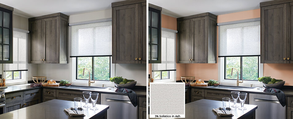 A kitchen with Solar Shades of Solistico in Ash is shown before & after painting Color of the Year Peach Fuzz on the walls