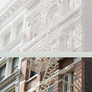 The facade of a building as seen through solar shades for windows illustrating how much ten percent transparency is