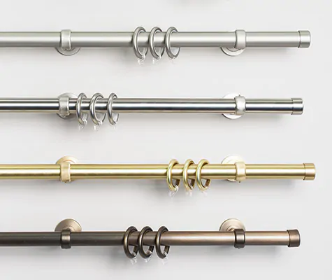 A product display of Steel Hardware, a rod and ring system, with all the colors from bright silver to deep antique bronze