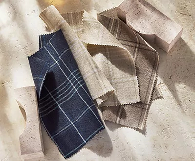 Swatches of Field Plaid from the Studio McGee window treatments collection shows a rich, refined plaid