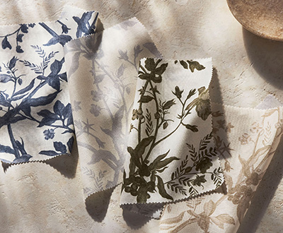 Swatches of Wildvine from the Studio McGee window treatments collection shows an evocative floral pattern