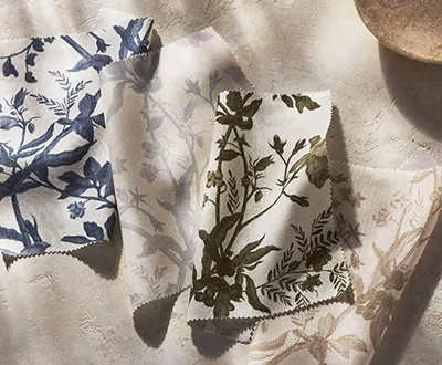 Swatches of Wildvine from the Studio McGee window treatments collection shows an evocative floral pattern