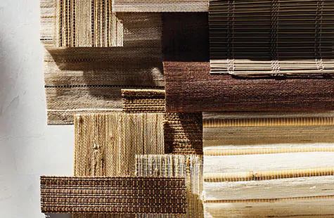 Swatches of bamboo blinds material include lots of organic weaves made from grasses, reeds and bamboo in many natural colors