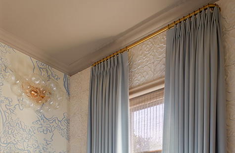 French return curtain rods like Lafayette in Satin Brass with Tailored Pleat Drapery are perfect for small windows