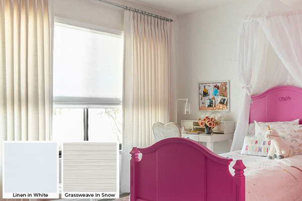 Kids curtains in a girls bedroom are made of Linen in White for a neutral tone to complement a bright pink bedframe