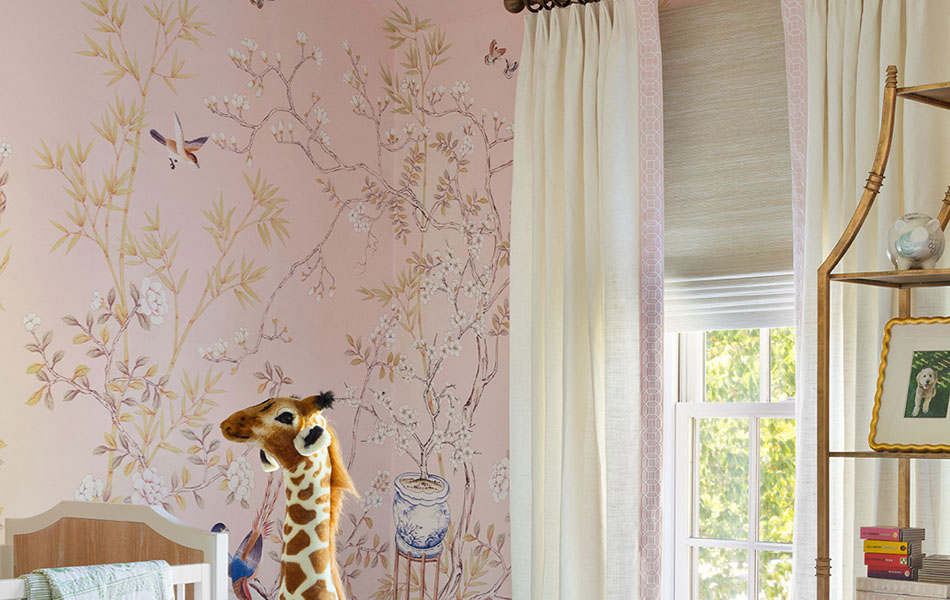 Nursery curtains made of Tailored Pleat Drapery in Luxe Linen Oyster add a creamy warm tone to a nursery will pink walls