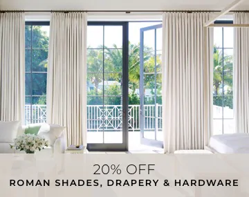 Tailored Pleat Drapery in Petal Pearl cover floor to ceiling patio doors in a bedroom with overlaid sales messaging