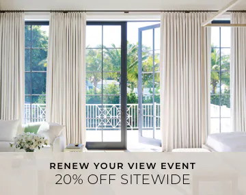Tailored Pleat Drapery in Petal Pearl cover patio doors in a bedroom with overlaid sales messaging for 20% off sitewide