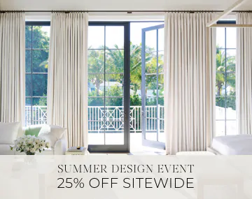 Tailored Pleat Drapery in Petal Pearl cover patio doors in a bedroom with sales messaging for Summer Design Event 25% Off