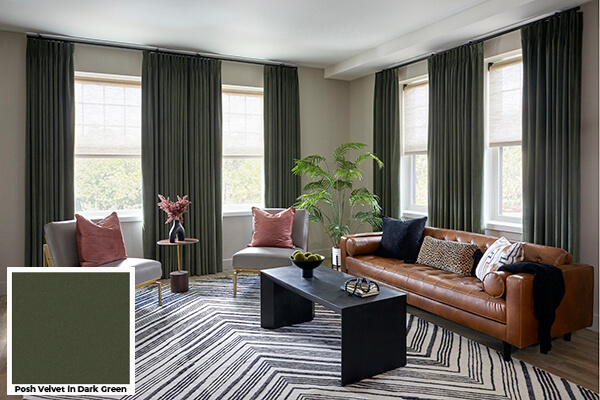 Earthy tones like Posh Velvet in Dark Green found on these Tailored Pleat Drapes are one of the window treatment trends 2024