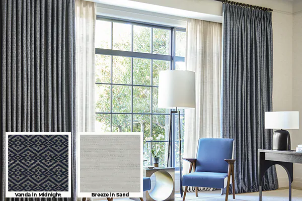 A study has two layers of Tailored Pleat Drapery in a light and dark material to show the similarities of drapes vs curtains