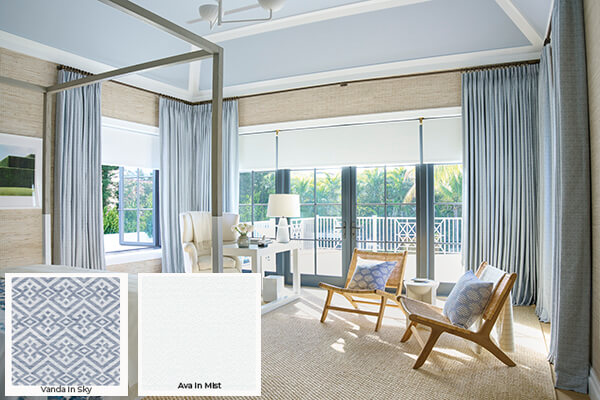 Bright coastal tones like Vanda in Sky found on these Tailored Pleat Drapes are one of the window treatment trends 2024