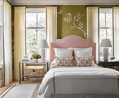A room designed by Tammy Connor at the Flower Showhouse 2022 features elegant details like trim on Tailored Pleat Drapery