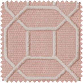 A swatch of Sakiori Embroidered trim in Blush shows a geometric pattern in white over a pink backdrop