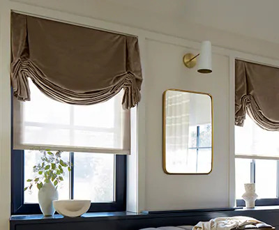 Tulip Roman Shades made of Velvet in Camel offer an elegant aesthetic to a sophisticated room with golden accents