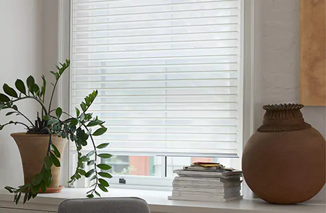 Venetian Roller Shades made of Seaside material in White adorn a window with a wide sill holding a potted plant and books