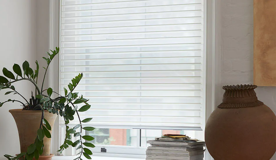 Another great option for the best type of blinds for living room windows are these venetian roller shades in white