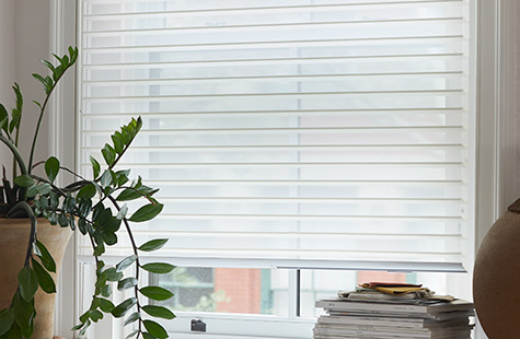Types of blinds include Venetian Roller blinds made of Seaside in White on a window with a potted plant and books on the sill