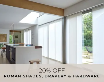Panel Track Vertical Blinds cover large patio doors in a kitchen with a large white island with overlaid sales messaging