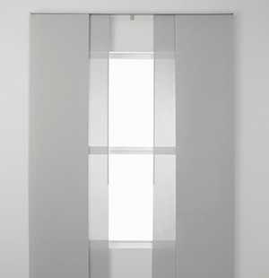 A product image shows panels of a vertical blinds system stacked left & right of a window so they can be drawn to the center
