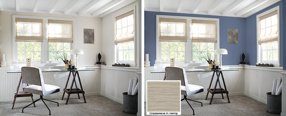 An office with woven shades made of Grassweave in Hemp is shown before & after painting the upper walls with Blue Nova