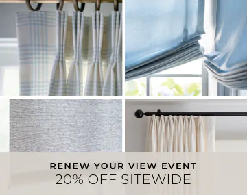 Four images show various window treatments on sale with overlaid sales messaging for 20% off sitewide