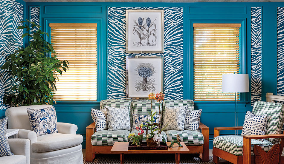 A colorful and extravagant design in this showroom reveals some of the best type of blinds for living room windows